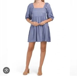 Beyond Words blue tiered puff sleeves mini dress size M